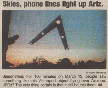 A clipping from a 1997 newspaper about the Phoenix Lights. A clipping from a 1997 newspaper about the Phoenix Lights.