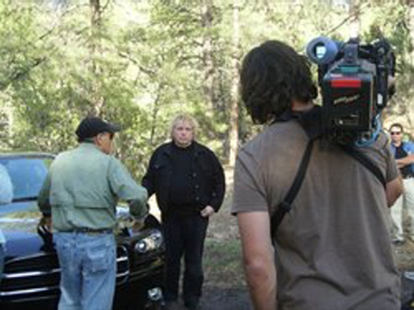 Photo of Timothy Beckley on the set of UFO Hunters with Bill Birnes..