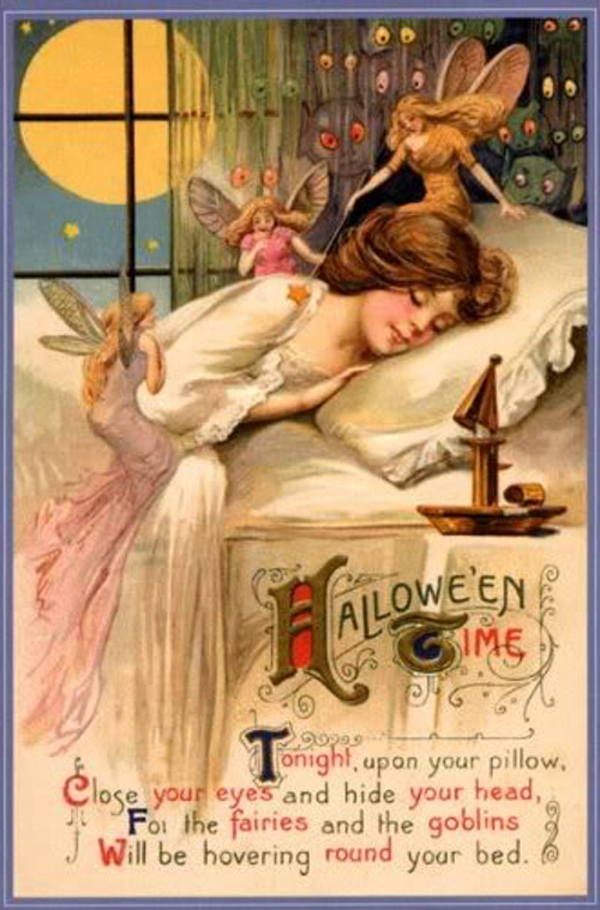 A pretty postcard vision of Halloween, with fairies dancing around a little sleeping girl.