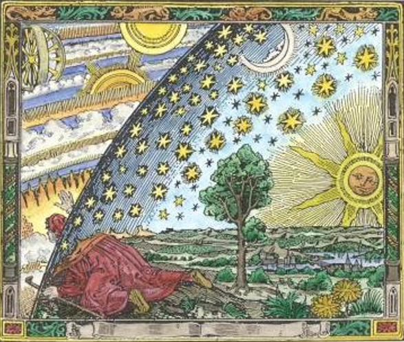 The classic woodcut showing a man looking out at the cosmos.