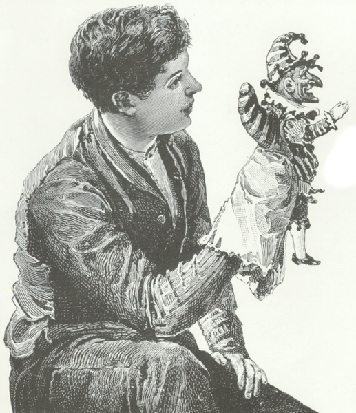 Drawing of a man holding a puppet. Drawing of a man holding a puppet.